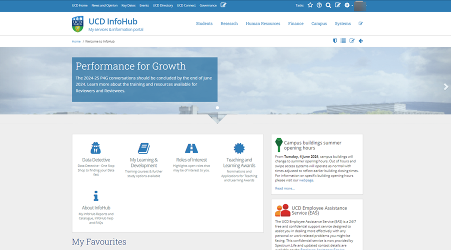 Screenshot of the InfoHub homepage, showing the banner menu items, quicklinks in centre and information updates on the right